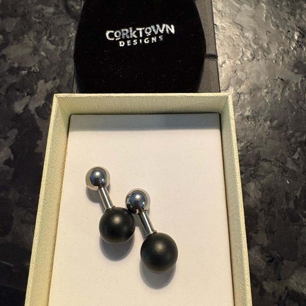 Modern Handmade Polished Black and Silver Spherical Cuff Links